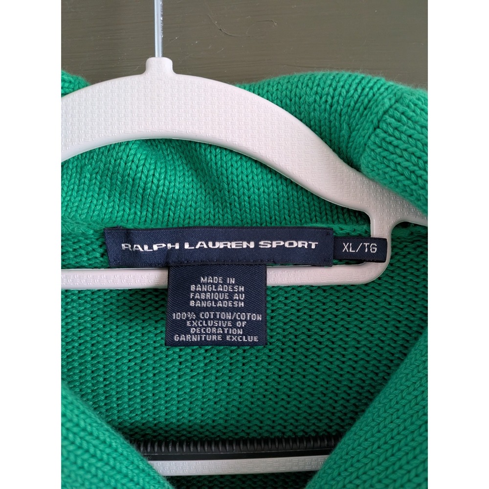 Ralph Lauren Sport Green Shawl Collar Cotton Knit Sweater Pink Pony XL - Picture 2 of 6